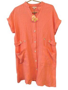 Hayden Girls Dress Sz XL Coral Button Front Gauzy Shirt Dress Pockets Coastal